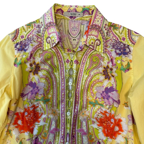 Etro Yellow Floral Paisley Printed Cotton Button Down Shirt - Picture 2 of 6